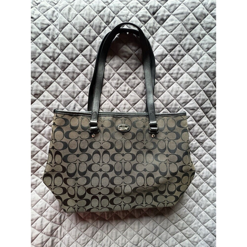 Coach Fiona Zip Top Tote Canvas Black/Walnut Bag Leather Accents/Silver Hardware